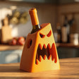 3D printed orange monster wine bottle holder with sharp teeth holding a standard wine bottle on a kitchen counter.