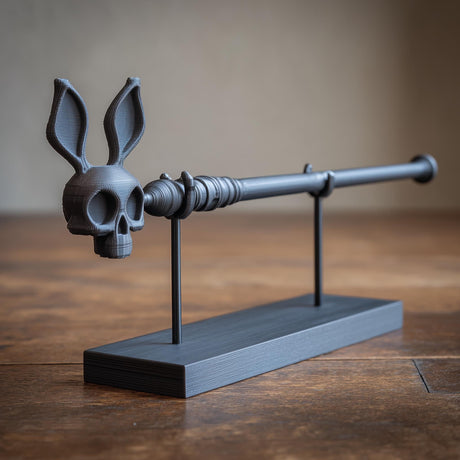 3D printed rabbit skull magic wand with long ears and display stand in matte black PLA on a wooden table in a fantasy interior.