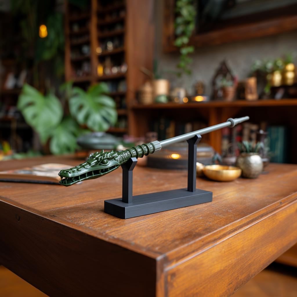 Dragon Crocodile Magic Wand with Stand | 3D Printed Fantasy Wizard Wand Prop for Cosplay | Gothic Collector Desk Decor Home Accent Art