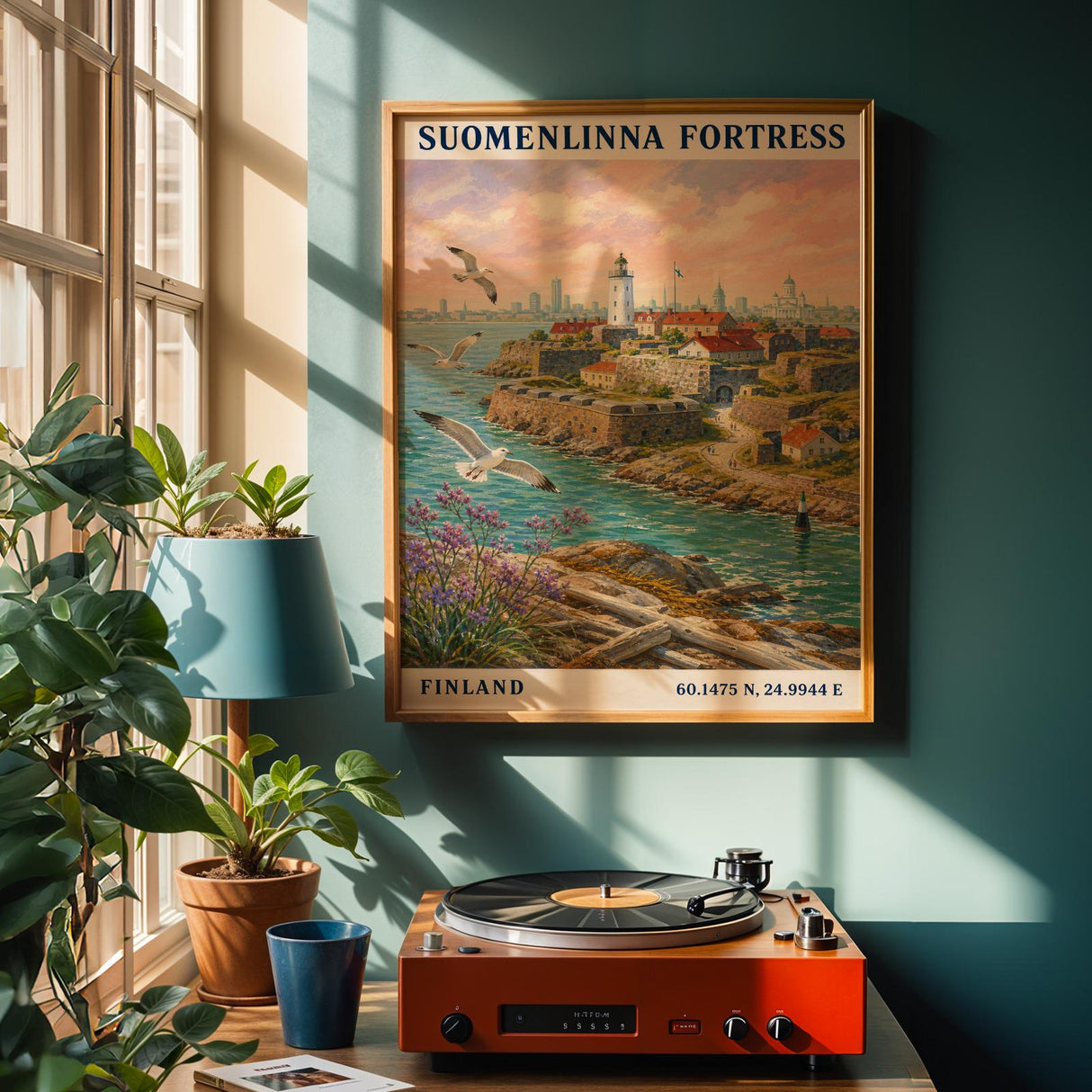Suomenlinna Fortress Art Print - Modern Gouache, Teal and Turquoise Seascape