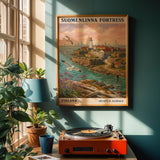 Suomenlinna Fortress Art Print - Modern Gouache, Teal and Turquoise Seascape