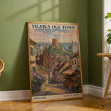 Vilnius Old Town Art Print - Modern Gouache-Vintage, Navy Blue and Terracotta Orange