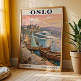 Oslo Harbor Travel Poster | Vintage Norway Wall Art Print | Navy Blue Cream Sailboat Cityscape | Scandinavian Coastal Decor | Travel Gift