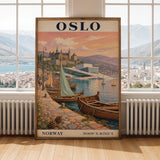 Oslo Harbor Travel Poster | Vintage Norway Wall Art Print | Navy Blue Cream Sailboat Cityscape | Scandinavian Coastal Decor | Travel Gift