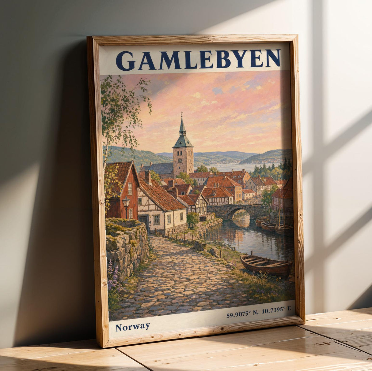 Gamlebyen Oslo Travel Poster | Vintage Norway Wall Art Print | Peach Blue River Cityscape | Church Tower Terracotta Roofs Decor
