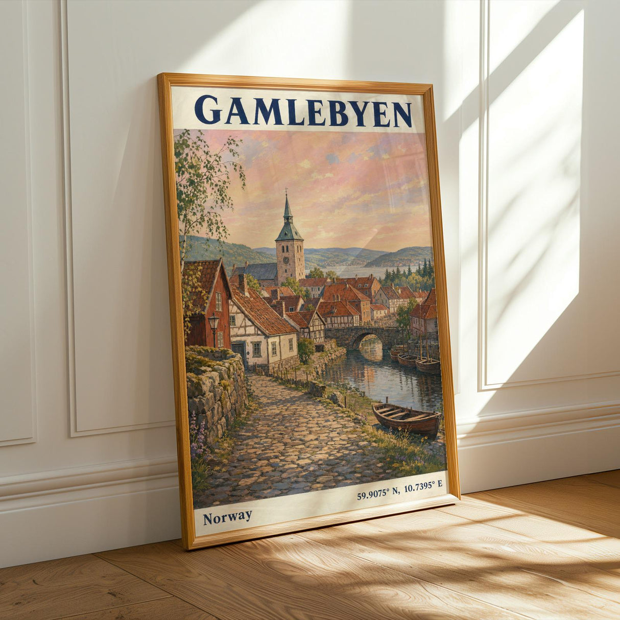 Gamlebyen Oslo Travel Poster | Vintage Norway Wall Art Print | Peach Blue River Cityscape | Church Tower Terracotta Roofs Decor