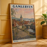 Gamlebyen Oslo Travel Poster | Vintage Norway Wall Art Print | Peach Blue River Cityscape | Church Tower Terracotta Roofs Decor