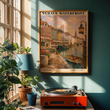 Nyhavn Copenhagen Travel Poster | Modern Denmark Wall Art Print | Navy Blue Waterfront Cityscape | Scandinavian Harbor Decor