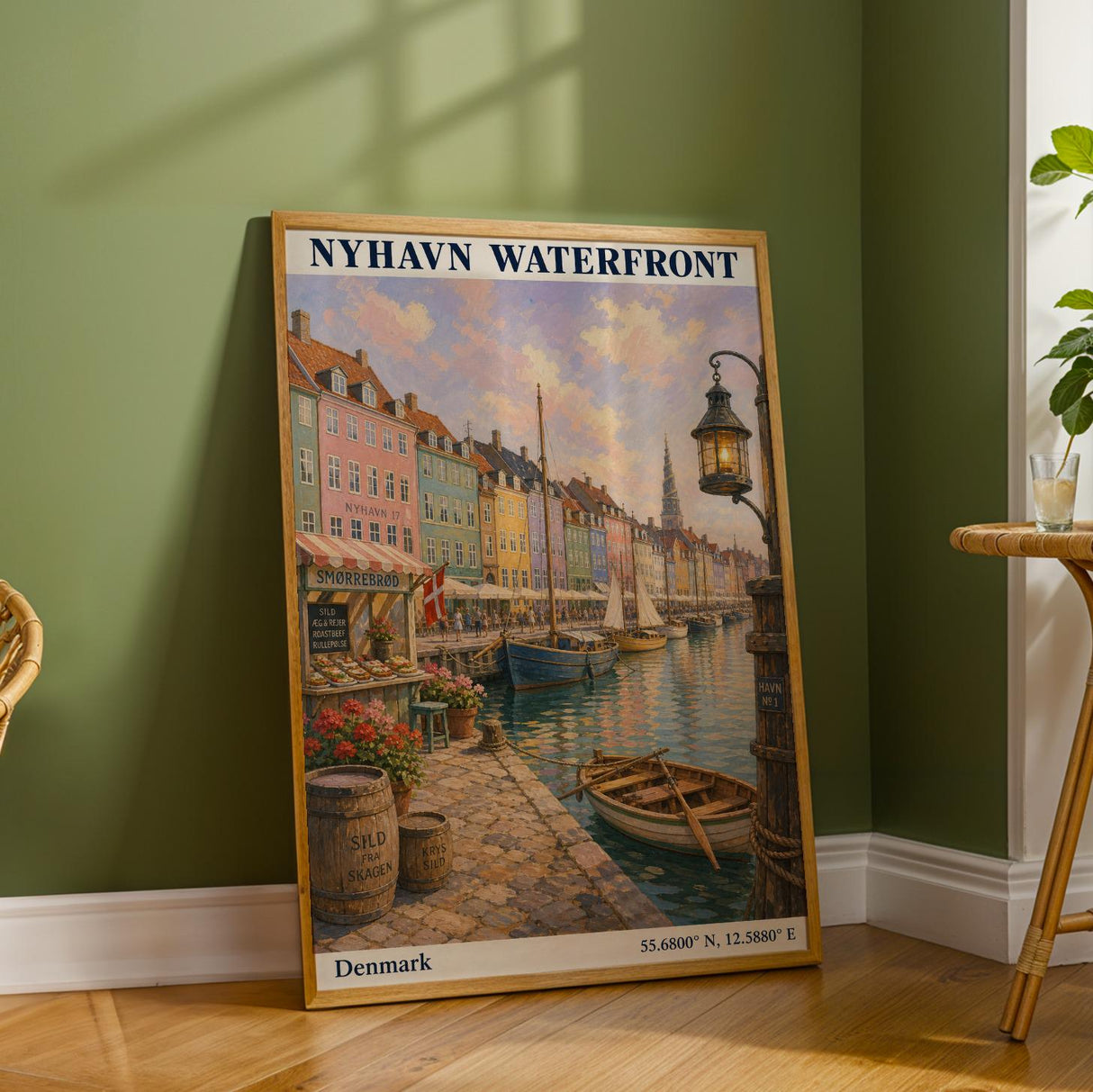 Nyhavn Copenhagen Travel Poster | Modern Denmark Wall Art Print | Navy Blue Waterfront Cityscape | Scandinavian Harbor Decor