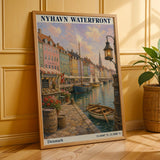 Nyhavn Copenhagen Travel Poster | Modern Denmark Wall Art Print | Navy Blue Waterfront Cityscape | Scandinavian Harbor Decor