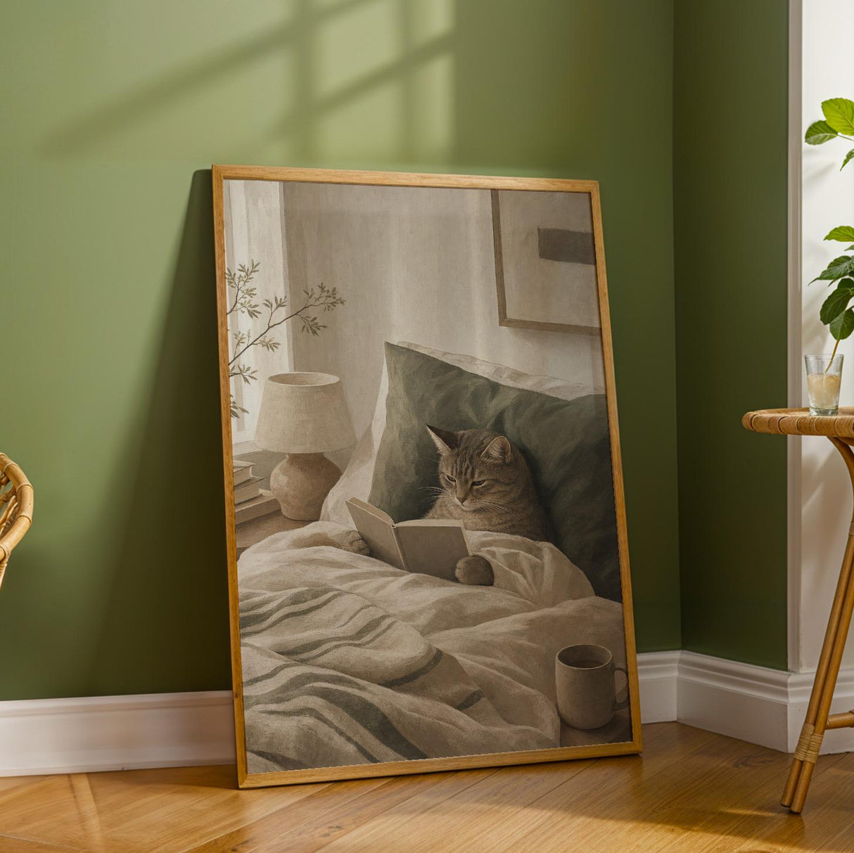 Scandinavian Cat Reading in Bed Poster | Modern Gouache Cat Wall Art | Warm Beige Faded Olive Decor | Cozy Nordic Bedroom Print
