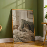Scandinavian Cat Reading in Bed Poster | Modern Gouache Cat Wall Art | Warm Beige Faded Olive Decor | Cozy Nordic Bedroom Print