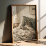 Scandinavian Cat Reading in Bed Poster | Modern Gouache Cat Wall Art | Warm Beige Faded Olive Decor | Cozy Nordic Bedroom Print