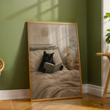 Black Cat Reading in Bed Poster | Modern Minimalist Cat Wall Art | Cozy Bedroom Decor Print | Neutral Contemporary Home Art | Cat Lover Gift