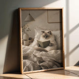 Ragdoll Cat Reading in Bed Poster | Modern Gouache Cat Wall Art | Warm Beige Oat Milk Decor | Cozy Minimalist Bedroom Print | Cat Lover Gift