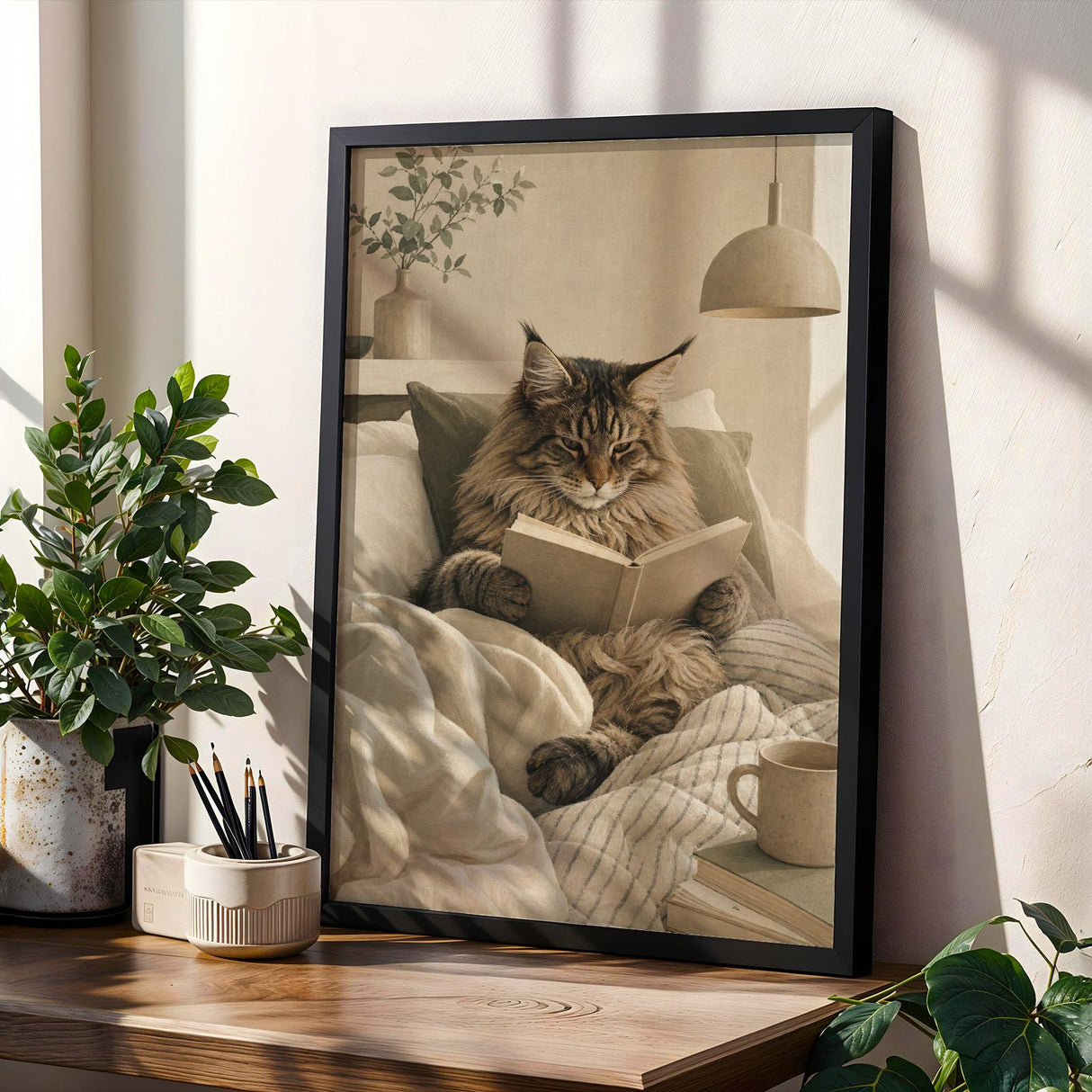 Maine Coon Cat Reading in Bed Poster | Scandinavian Gouache Cat Wall Art | Warm Beige Oat Milk Decor | Cozy Nordic Bedroom Print