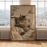 Maine Coon Cat Reading in Bed Poster | Scandinavian Gouache Cat Wall Art | Warm Beige Oat Milk Decor | Cozy Nordic Bedroom Print