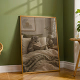 Scottish Fold Cat Reading in Bed Poster | Modern Gouache Cat Wall Art | Warm Beige Oat Milk Decor | Cozy Minimalist Bedroom Print
