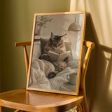 Maine Coon Cat Reading in Bed Poster | Scandinavian Gouache Cat Wall Art | Warm Beige Oat Milk Decor | Cozy Nordic Bedroom Print