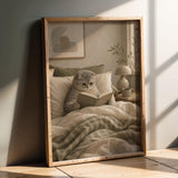 Scottish Fold Cat Reading in Bed Poster | Modern Gouache Cat Wall Art | Warm Beige Oat Milk Decor | Cozy Minimalist Bedroom Print