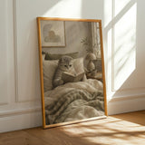 Scottish Fold Cat Reading in Bed Poster | Modern Gouache Cat Wall Art | Warm Beige Oat Milk Decor | Cozy Minimalist Bedroom Print