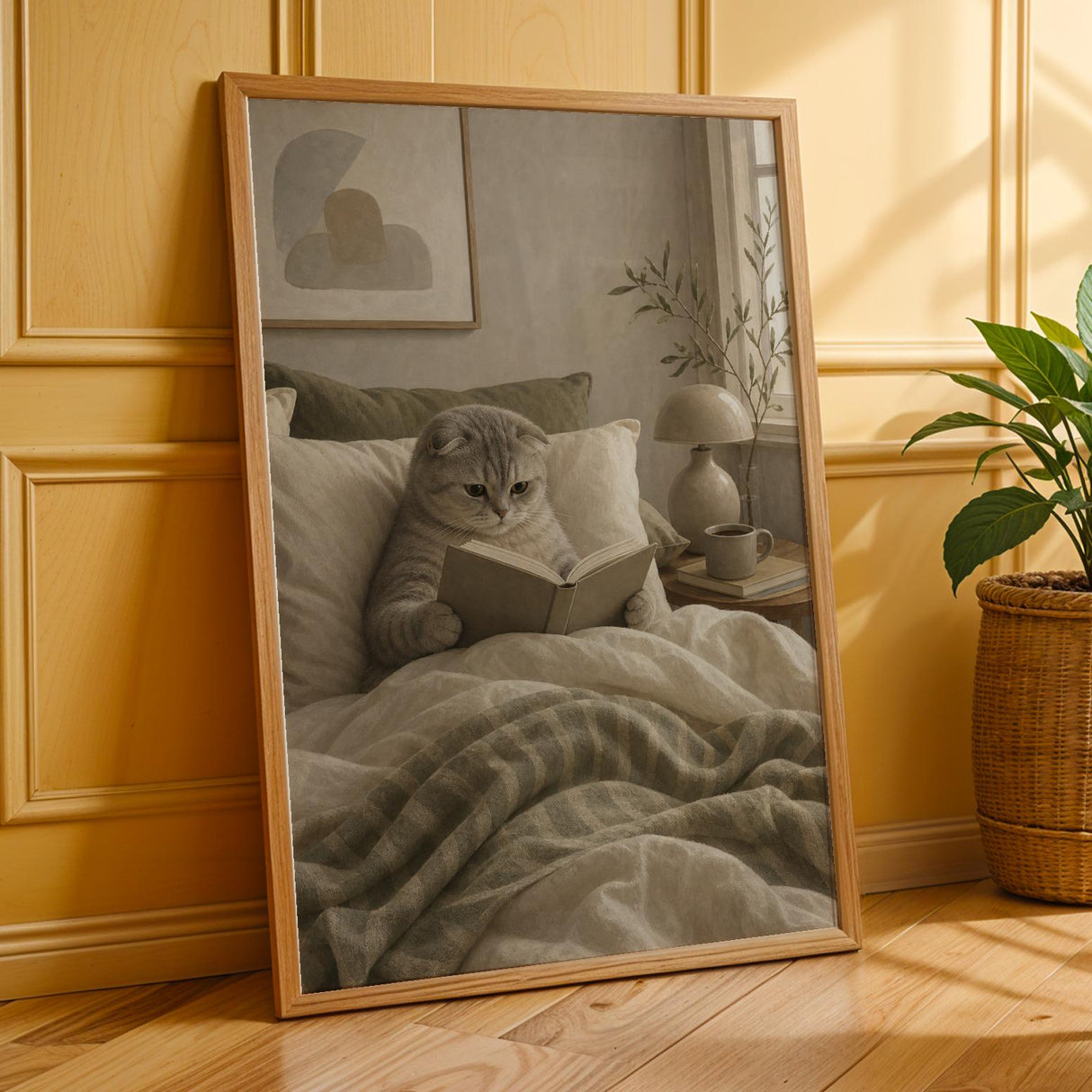 Scottish Fold Cat Reading in Bed Poster | Modern Gouache Cat Wall Art | Warm Beige Oat Milk Decor | Cozy Minimalist Bedroom Print