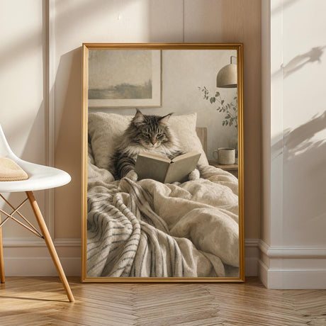 Norwegian Forest Cat Reading in Bed Poster | Modern Gouache Cat Wall Art | Warm Beige Charcoal Gray Decor | Cozy Bedroom Reading Nook Print