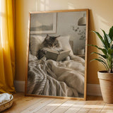 Norwegian Forest Cat Reading in Bed Poster | Modern Gouache Cat Wall Art | Warm Beige Charcoal Gray Decor | Cozy Bedroom Reading Nook Print