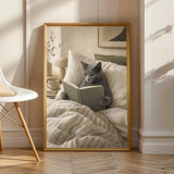 Russian Blue Cat Reading in Bed Poster | Modern Gouache Cat Wall Art | Warm Beige Neutral Decor | Cozy Minimalist Bedroom Print