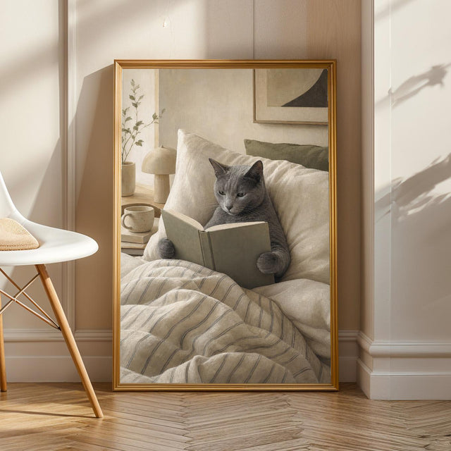 Russian Blue Cat Reading in Bed Poster | Modern Gouache Cat Wall Art | Warm Beige Neutral Decor | Cozy Minimalist Bedroom Print