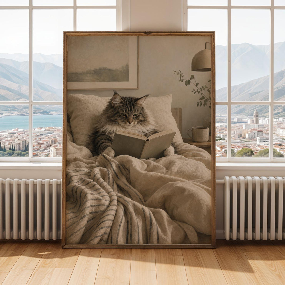 Norwegian Forest Cat Reading in Bed Poster | Modern Gouache Cat Wall Art | Warm Beige Charcoal Gray Decor | Cozy Bedroom Reading Nook Print