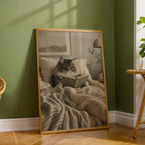 Norwegian Forest Cat Reading in Bed Poster | Modern Gouache Cat Wall Art | Warm Beige Charcoal Gray Decor | Cozy Bedroom Reading Nook Print