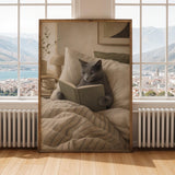 Russian Blue Cat Reading in Bed Poster | Modern Gouache Cat Wall Art | Warm Beige Neutral Decor | Cozy Minimalist Bedroom Print