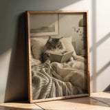 Norwegian Forest Cat Reading in Bed Poster | Modern Gouache Cat Wall Art | Warm Beige Charcoal Gray Decor | Cozy Bedroom Reading Nook Print
