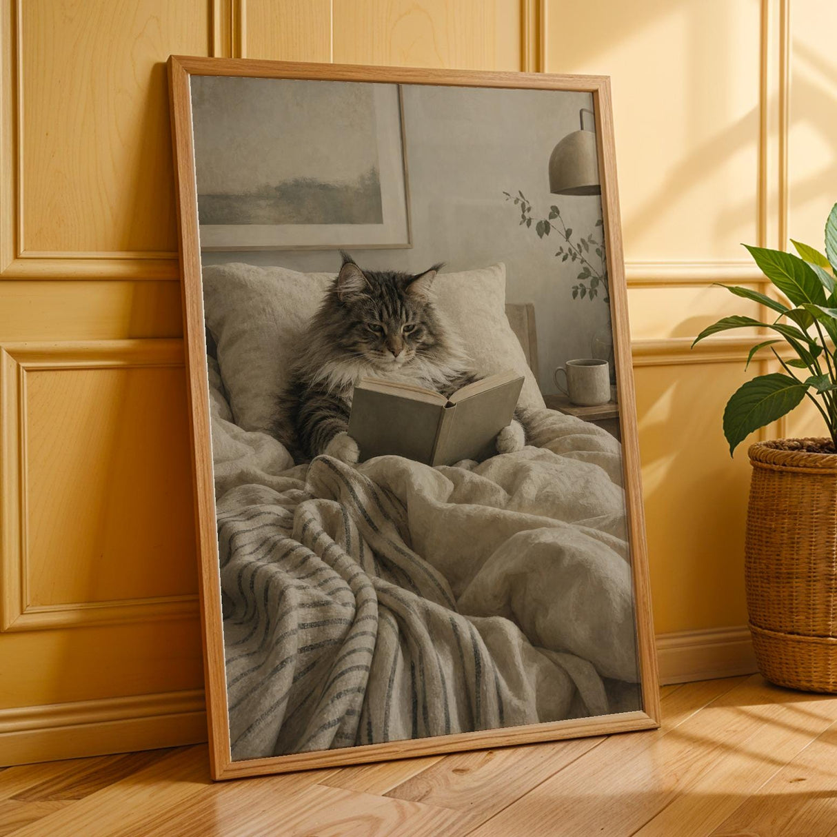 Norwegian Forest Cat Reading in Bed Poster | Modern Gouache Cat Wall Art | Warm Beige Charcoal Gray Decor | Cozy Bedroom Reading Nook Print