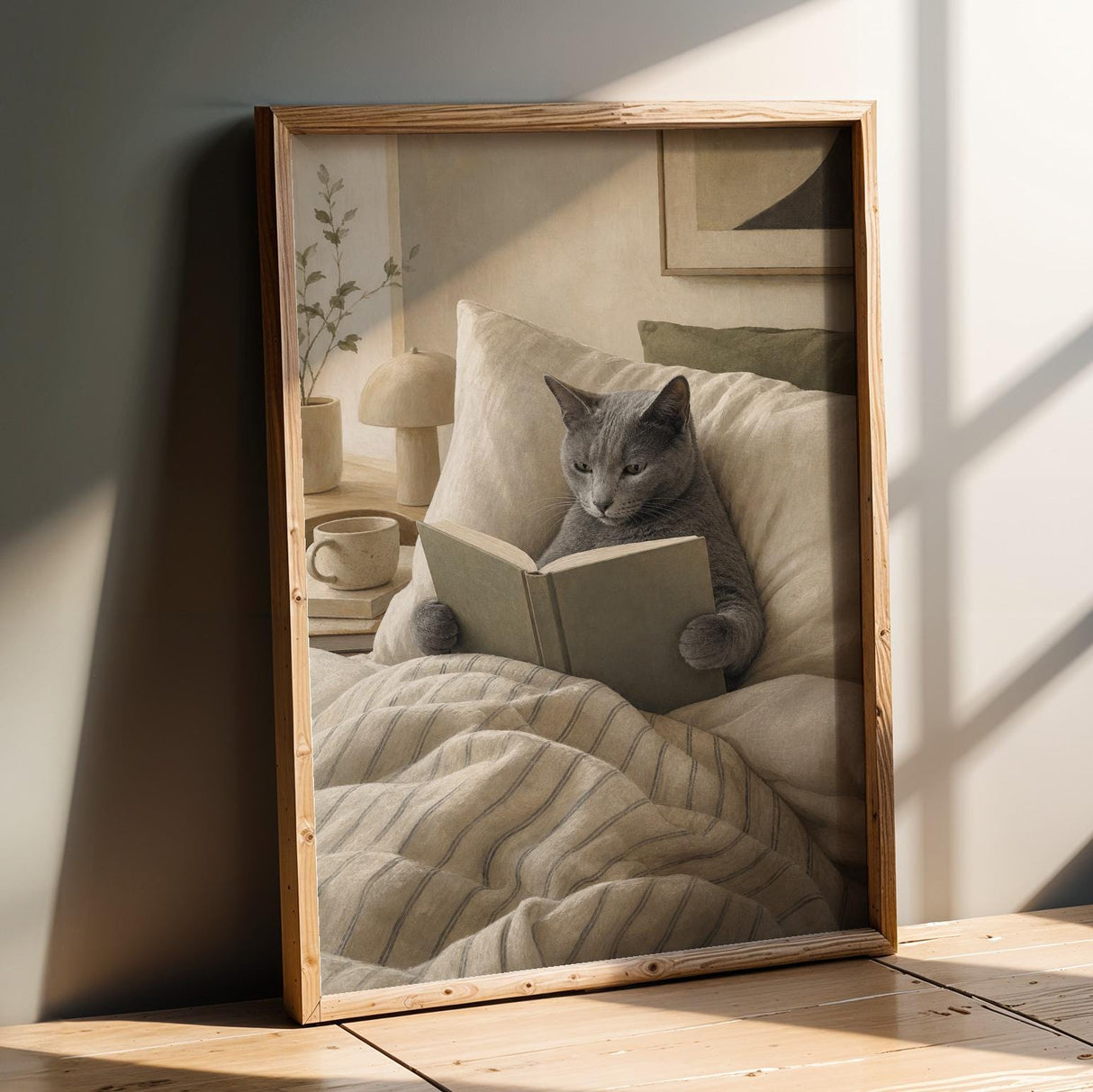 Russian Blue Cat Reading in Bed Poster | Modern Gouache Cat Wall Art | Warm Beige Neutral Decor | Cozy Minimalist Bedroom Print