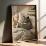 Russian Blue Cat Reading in Bed Poster | Modern Gouache Cat Wall Art | Warm Beige Neutral Decor | Cozy Minimalist Bedroom Print