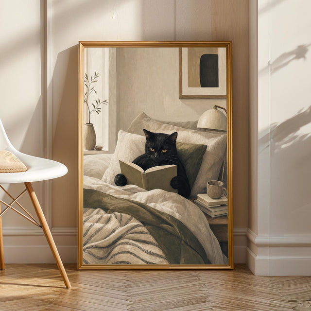 Bombay Cat Reading in Bed Poster | Modern Gouache Cat Wall Art | Warm Beige Oat Milk Decor | Cozy Minimalist Bedroom Print | Cat Lover Gift
