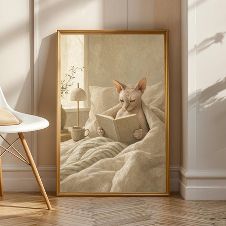 Sphynx Cat Reading in Bed Poster | Modern Gouache Cat Wall Art | Warm Beige Oat Milk Decor | Cozy Minimalist Bedroom Print