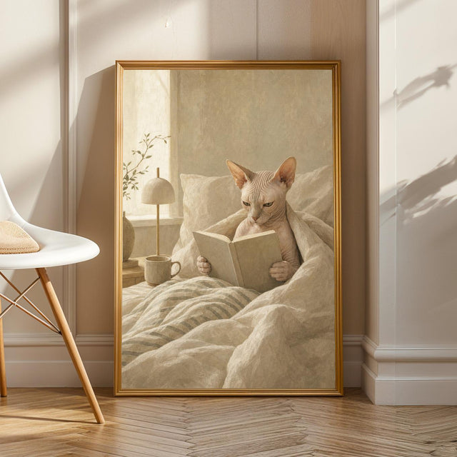 Sphynx Cat Reading in Bed Poster | Modern Gouache Cat Wall Art | Warm Beige Oat Milk Decor | Cozy Minimalist Bedroom Print