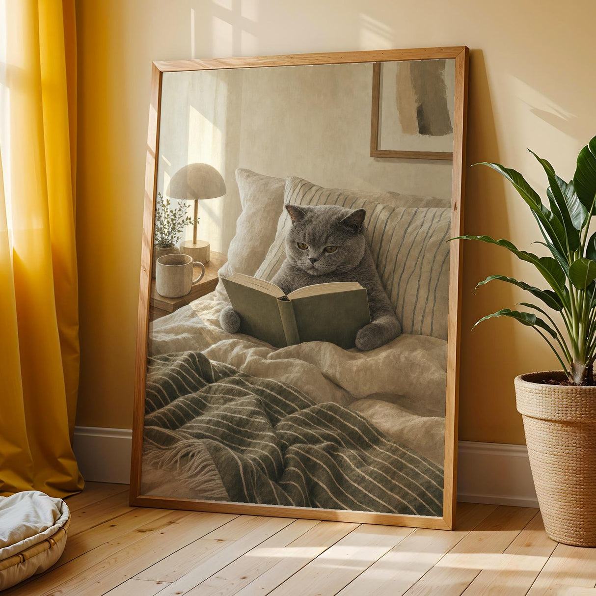 British Shorthair Cat Reading in Bed Poster | Scandinavian Gouache Cat Wall Art | Warm Beige Nordic Decor | Cozy Minimalist Bedroom Print