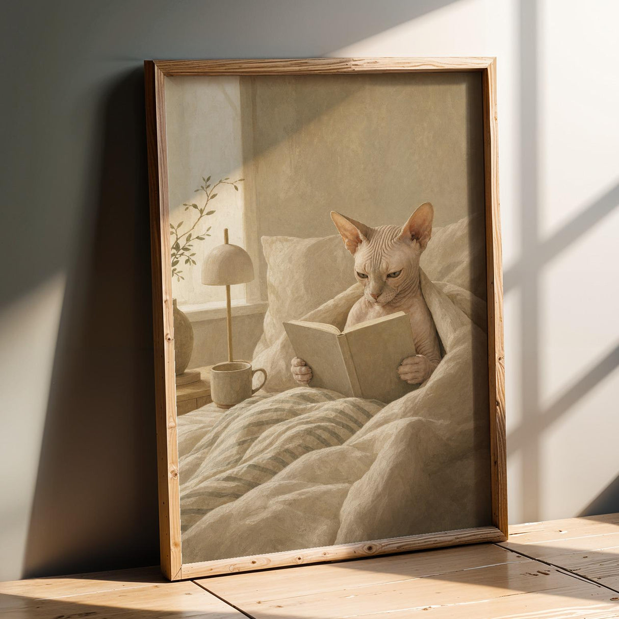 Sphynx Cat Reading in Bed Poster | Modern Gouache Cat Wall Art | Warm Beige Oat Milk Decor | Cozy Minimalist Bedroom Print