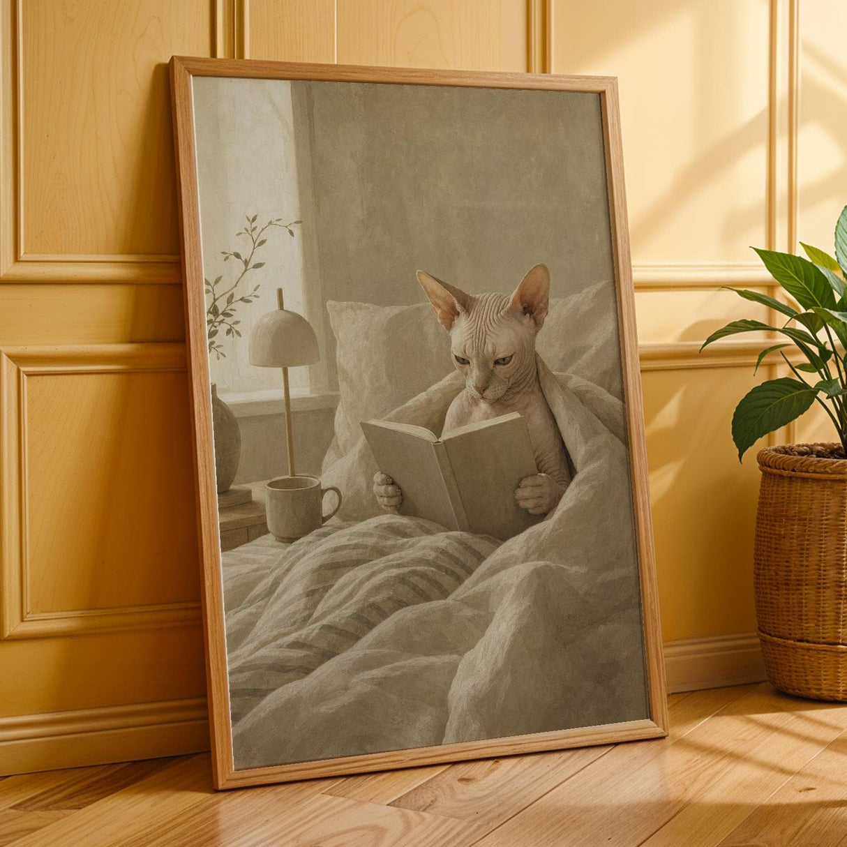 Sphynx Cat Reading in Bed Poster | Modern Gouache Cat Wall Art | Warm Beige Oat Milk Decor | Cozy Minimalist Bedroom Print