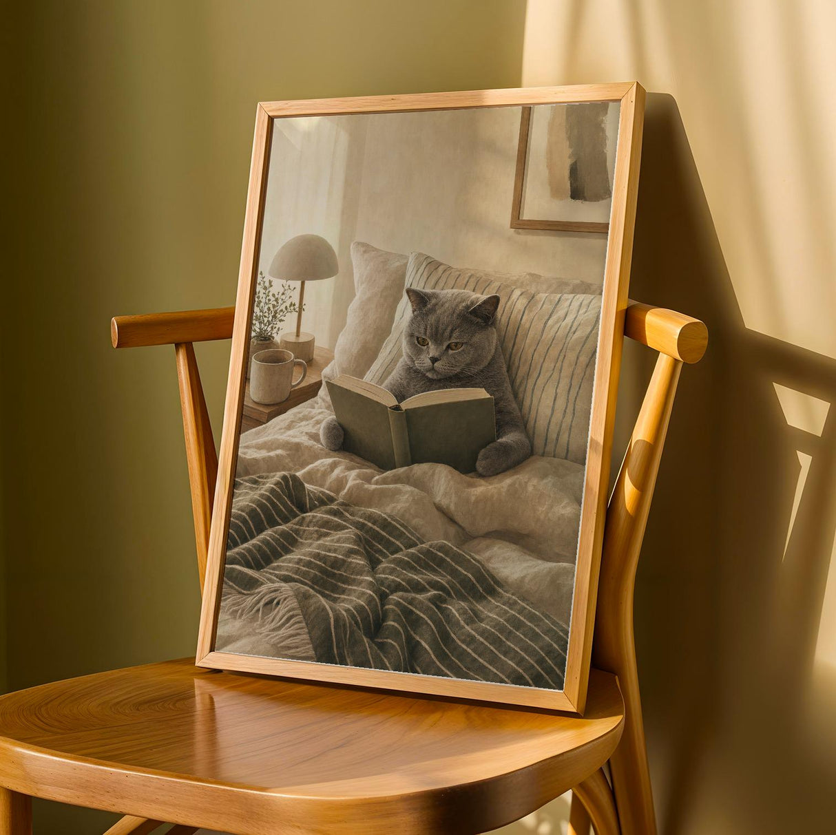 British Shorthair Cat Reading in Bed Poster | Scandinavian Gouache Cat Wall Art | Warm Beige Nordic Decor | Cozy Minimalist Bedroom Print
