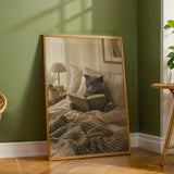 British Shorthair Cat Reading in Bed Poster | Scandinavian Gouache Cat Wall Art | Warm Beige Nordic Decor | Cozy Minimalist Bedroom Print