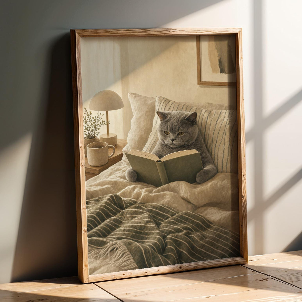 British Shorthair Cat Reading in Bed Poster | Scandinavian Gouache Cat Wall Art | Warm Beige Nordic Decor | Cozy Minimalist Bedroom Print