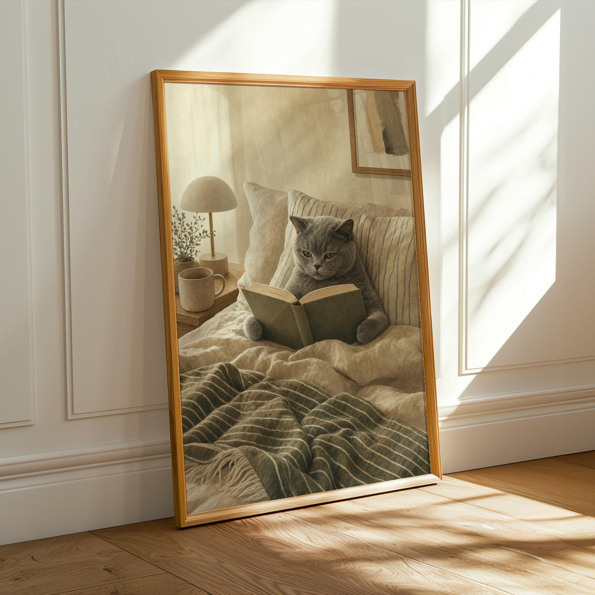 British Shorthair Cat Reading in Bed Poster | Scandinavian Gouache Cat Wall Art | Warm Beige Nordic Decor | Cozy Minimalist Bedroom Print