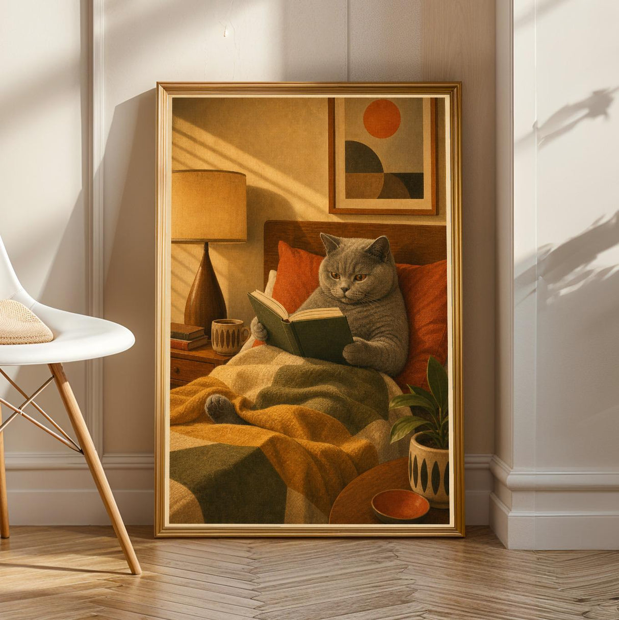 British Shorthair Reading in Armchair Poster | Retro Modern Cat Wall Art | Yellow Burnt Orange Decor | Cozy Mid Century Living Room Print