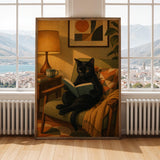 Bombay Cat Reading in Armchair Poster | Retro Modern Cat Wall Art | Yellow Decor | Cozy Mid Century Living Room Print | Cat Lover Gift