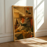 British Shorthair Reading in Armchair Poster | Retro Modern Cat Wall Art | Yellow Burnt Orange Decor | Cozy Mid Century Living Room Print